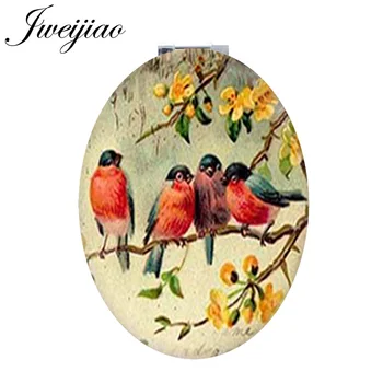 JWEIJIAO värvilisi linde puu haru Mini Ovaalne Kaasaskantav peegel looduslike looma-taime nahast tasku peegli jaoks tüdrukud BP01